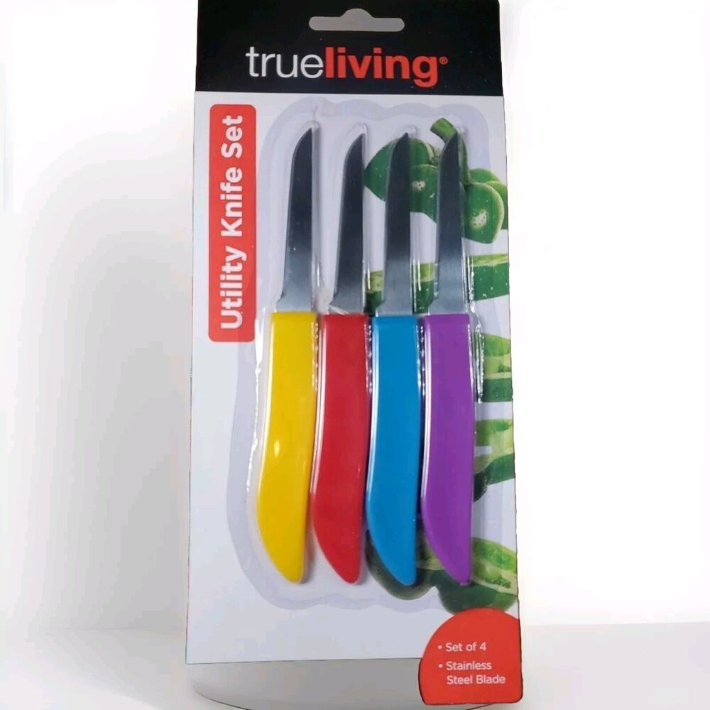 True Living 4pc Utility Knife Set Kitchen Stainless Steel Multicolor New Cutlery
